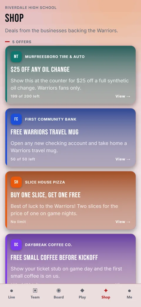 Fan Zone Shop tab showing deals from local businesses that sponsor the team