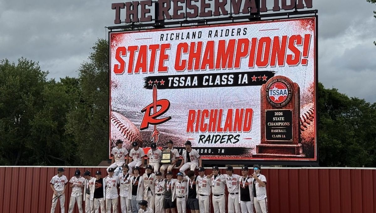 30ft by 17ft LED videoboard at The Reservation, Richland School, showing the Raiders' TSSAA Class 1A state championship graphic with the team below